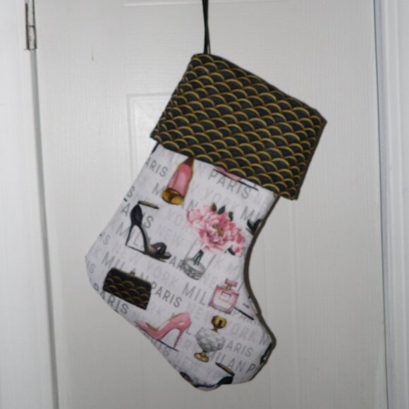 High Heels Pocket books Flowers Paris 14" Hand Crafted Christmas Stocking - Picture 2 of 9